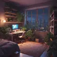Nostalgic bedroom with a gaming pc, windows, plants bookshelves, desk, 3d art, muted colors, perfect lighting, night time, Highly Detailed, Behance, Isometric, 3D Rendering, Concept Art by Stanley Artgerm Lau