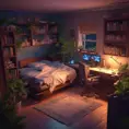 Nostalgic bedroom with a gaming pc, windows, plants bookshelves, desk, 3d art, muted colors, perfect lighting, night time, Highly Detailed, Behance, Isometric, 3D Rendering, Concept Art by Greg Rutkowski