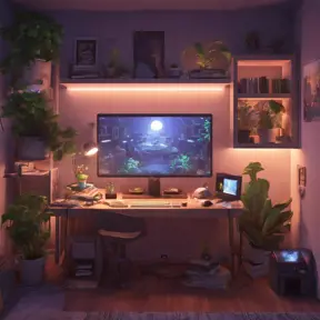 Nostalgic bedroom with a gaming pc, windows, plants bookshelves, desk, 3d art, muted colors, perfect lighting, night time, Highly Detailed, Behance, Isometric, 3D Rendering, Concept Art by Greg Rutkowski