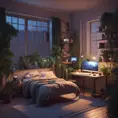Nostalgic bedroom with a gaming pc, windows, plants bookshelves, desk, 3d art, muted colors, perfect lighting, night time, Highly Detailed, Behance, Isometric, 3D Rendering, Concept Art by WLOP
