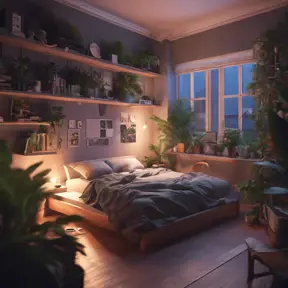 Nostalgic bedroom with a gaming pc, windows, plants bookshelves, desk, 3d art, muted colors, perfect lighting, night time, Highly Detailed, Behance, Isometric, 3D Rendering, Concept Art by WLOP