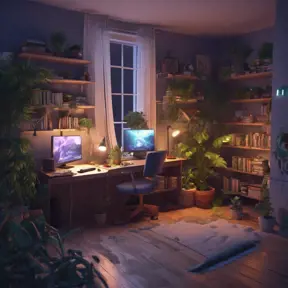 Nostalgic bedroom with a gaming pc, windows, plants bookshelves, desk, 3d art, muted colors, perfect lighting, night time, Highly Detailed, Behance, Isometric, 3D Rendering, Concept Art by Stefan Kostic