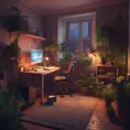 Nostalgic bedroom with a gaming pc, windows, plants bookshelves, desk, 3d art, muted colors, perfect lighting, night time, Highly Detailed, Behance, Isometric, 3D Rendering, Concept Art by Stefan Kostic