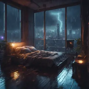 Beautiful cozy bedroom with floor to ceiling glass windows overlooking a cyberpunk city at night, thunderstorm outside with torrential rain, High Resolution, Highly Detailed, Darkwave, Gloomy
