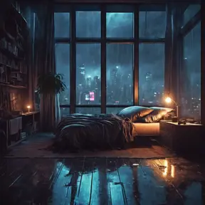 Beautiful cozy bedroom with floor to ceiling glass windows overlooking a cyberpunk city at night, thunderstorm outside with torrential rain, High Resolution, Highly Detailed, Darkwave, Gloomy