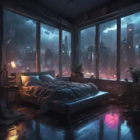 Beautiful cozy bedroom with floor to ceiling glass windows overlooking a cyberpunk city at night, thunderstorm outside with torrential rain, High Resolution, Highly Detailed, Darkwave, Gloomy by Stanley Artgerm Lau