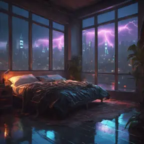 Beautiful cozy bedroom with floor to ceiling glass windows overlooking a cyberpunk city at night, thunderstorm outside with torrential rain, High Resolution, Highly Detailed, Darkwave, Gloomy by Stanley Artgerm Lau