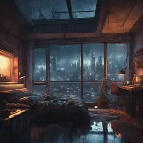 Beautiful cozy bedroom with floor to ceiling glass windows overlooking a cyberpunk city at night, thunderstorm outside with torrential rain, High Resolution, Highly Detailed, Darkwave, Gloomy by Greg Rutkowski