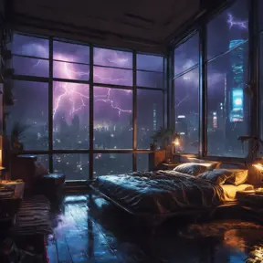 Beautiful cozy bedroom with floor to ceiling glass windows overlooking a cyberpunk city at night, thunderstorm outside with torrential rain, High Resolution, Highly Detailed, Darkwave, Gloomy by Greg Rutkowski