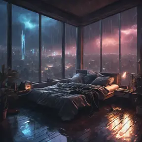 Beautiful cozy bedroom with floor to ceiling glass windows overlooking a cyberpunk city at night, thunderstorm outside with torrential rain, High Resolution, Highly Detailed, Darkwave, Gloomy by WLOP