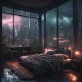 Beautiful cozy bedroom with floor to ceiling glass windows overlooking a cyberpunk city at night, thunderstorm outside with torrential rain, High Resolution, Highly Detailed, Darkwave, Gloomy by Stefan Kostic