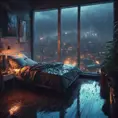 Beautiful cozy bedroom with floor to ceiling glass windows overlooking a cyberpunk city at night, thunderstorm outside with torrential rain, High Resolution, Highly Detailed, Darkwave, Gloomy by Stefan Kostic