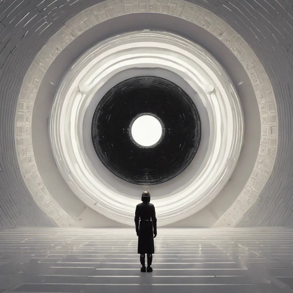 Psychedelic vantablack portal in a stark white void, adventurecore, dreamy, Futuristic, Sci-Fi by Andrey Remnev