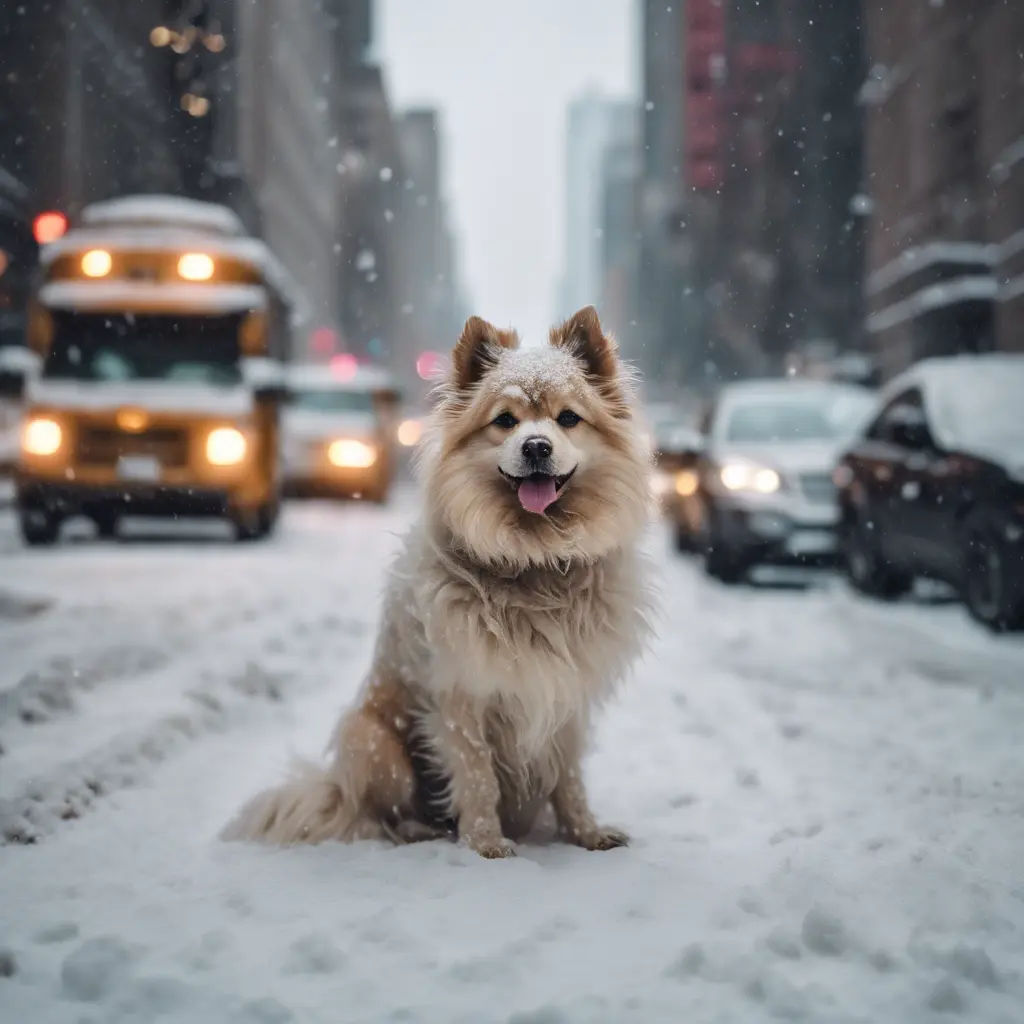 Thin lightweight light cute fluffy dog in heavy snowy New York city street, 8k, Award-Winning, Highly Detailed, Minimalism, Stunning, Wallpaper, Cinematic Lighting