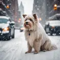 Thin lightweight light cute fluffy dog in heavy snowy New York city street, 8k, Award-Winning, Highly Detailed, Minimalism, Stunning, Wallpaper, Cinematic Lighting