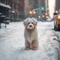 Thin lightweight light cute fluffy dog in heavy snowy New York city street, 8k, Award-Winning, Highly Detailed, Minimalism, Stunning, Wallpaper, Cinematic Lighting