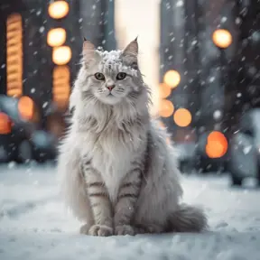 Thin lightweight light cute fluffy cat in a snowy New York city street, 8k, Award-Winning, Highly Detailed, Minimalism, Stunning, Wallpaper, Cinematic Lighting