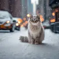 Thin lightweight light cute fluffy cat in a snowy New York city street, 8k, Award-Winning, Highly Detailed, Minimalism, Stunning, Wallpaper, Cinematic Lighting