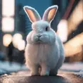 Thin lightweight light cute fluffy rabbit in a snowy Tokyo city street, 8k, Award-Winning, Highly Detailed, Minimalism, Stunning, Wallpaper, Cinematic Lighting