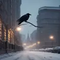 Raven in a snowy Moscow city street, 8k, Award-Winning, Highly Detailed, Minimalism, Stunning, Wallpaper, Cinematic Lighting