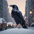 Raven in a snowy Moscow city street, 8k, Award-Winning, Highly Detailed, Minimalism, Stunning, Wallpaper, Cinematic Lighting
