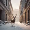 Deer in a snowy Roman city street, 8k, Award-Winning, Highly Detailed, Minimalism, Stunning, Wallpaper, Cinematic Lighting