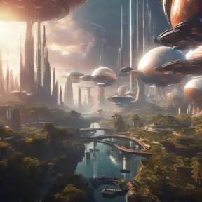 An utopian image of a world built using AI technology, Atmospheric, Sci-Fi, Cinematic Lighting