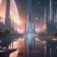 An utopian image of a world built using AI technology, Atmospheric, Sci-Fi, Cinematic Lighting