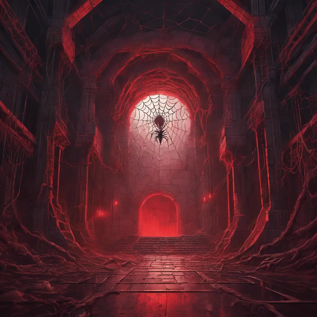 Detailed illustration of dark dungeon, dystopian texture architecture, blood walls, spiders, and cobwebs, 8k, Hyper Detailed, Trending on Artstation, Epic, Deviantart, Beautifully Lit by Alena Aenami