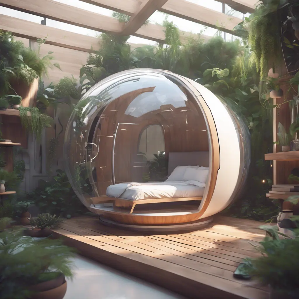 Futuristic sleeping relax pod, transparent orb, plants, natural daytime lighting, natural wooden environment, flat design, product-view, 8k, Futuristic, Sci-Fi, Natural Light by WLOP