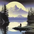 1970's dark fantasy book cover of beautiful lake with minimalist far perspective, Album cover, D&D, Fantasy by Larry Elmore