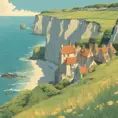 Create a captivating background, Cliffs of Dover in the background. vintage poster paint book cover style design, Highly Detailed, Poster by Studio Ghibli