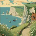 Create a captivating background, Cliffs of Dover in the background. vintage poster paint book cover style design, Highly Detailed, Poster by Studio Ghibli