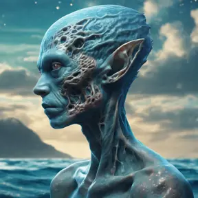 Professional portrait of a tatooed alien race, head with 3d bony growths under the skin on the head normal face full body side view the backdrop sea and clouds the sea is ocean blue, abstract beauty, approaching perfection, delicate face, moonlight, Highly Detailed, Artstation, Vintage Illustration, Digital Painting, Sharp Focus, Smooth, Dynamic Lighting, Concept Art by Carne Griffiths, Wadim Kashin