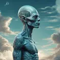 Professional portrait of a tatooed alien race, head with 3d bony growths under the skin on the head normal face full body side view the backdrop sea and clouds the sea is ocean blue, abstract beauty, approaching perfection, delicate face, moonlight, Highly Detailed, Artstation, Vintage Illustration, Digital Painting, Sharp Focus, Smooth, Dynamic Lighting, Concept Art by Carne Griffiths, Wadim Kashin
