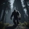 Bigfoot, sasquatch, in a dark forest, 8k, Intricate Details, Full Body, Ray Tracing, Unreal Engine, Moody Lighting