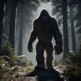 Bigfoot, sasquatch, in a dark forest, 8k, Intricate Details, Full Body, Ray Tracing, Unreal Engine, Moody Lighting