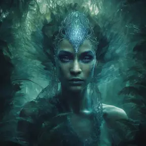 In the heart of the Amazon rainforest an image appears of The Crystal Enchantress, an eerie scene unfolds. The background is a dark expanse, a gradient of transitioning to. The creature's scaly skin, textured with a blend of, subtle highlights in play upon the scales, adding depth and dimension, giving the illusion of an aquatic, formidable entity. , Iridescence, Fantasy, Dark