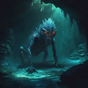 Scary creature in the dephts of a cave cenote, 8k, Highly Detailed, Iridescence, Concept Art, Fantasy, Dark