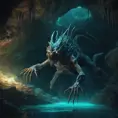 Scary creature in the dephts of a cave cenote, 8k, Highly Detailed, Iridescence, Concept Art, Fantasy, Dark