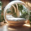 Futuristic sleeping relax pod, transparent orb, plants, natural daytime lighting, natural wooden environment, flat design, product-view, 8k, Futuristic, Sci-Fi, Natural Light