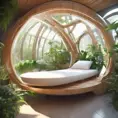 Futuristic sleeping relax pod, transparent orb, plants, natural daytime lighting, natural wooden environment, flat design, product-view, 8k, Futuristic, Sci-Fi, Natural Light