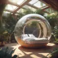 Futuristic sleeping relax pod, transparent orb, plants, natural daytime lighting, natural wooden environment, flat design, product-view, 8k, Futuristic, Sci-Fi, Natural Light by Stanley Artgerm Lau