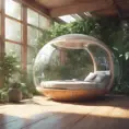 Futuristic sleeping relax pod, transparent orb, plants, natural daytime lighting, natural wooden environment, flat design, product-view, 8k, Futuristic, Sci-Fi, Natural Light by Stanley Artgerm Lau