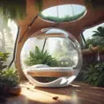 Futuristic sleeping relax pod, transparent orb, plants, natural daytime lighting, natural wooden environment, flat design, product-view, 8k, Futuristic, Sci-Fi, Natural Light by Greg Rutkowski