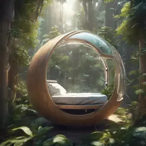 Futuristic sleeping relax pod, transparent orb, plants, natural daytime lighting, natural wooden environment, flat design, product-view, 8k, Futuristic, Sci-Fi, Natural Light by Greg Rutkowski