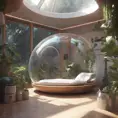 Futuristic sleeping relax pod, transparent orb, plants, natural daytime lighting, natural wooden environment, flat design, product-view, 8k, Futuristic, Sci-Fi, Natural Light by WLOP