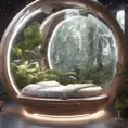 Futuristic sleeping relax pod, transparent orb, plants, natural daytime lighting, natural wooden environment, flat design, product-view, 8k, Futuristic, Sci-Fi, Natural Light by WLOP