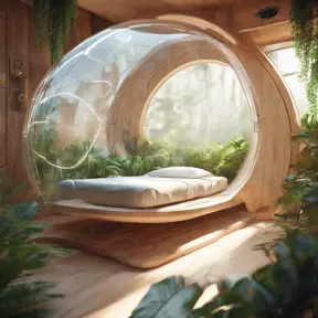 Futuristic sleeping relax pod, transparent orb, plants, natural daytime lighting, natural wooden environment, flat design, product-view, 8k, Futuristic, Sci-Fi, Natural Light by Stefan Kostic