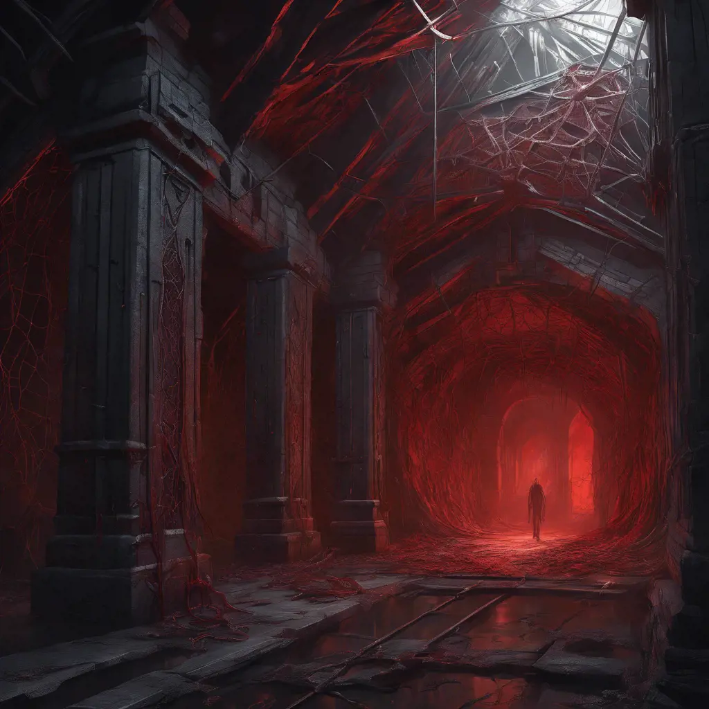 Detailed illustration of dark dungeon, dystopian texture architecture, blood walls, spiders, and cobwebs, 8k, Hyper Detailed, Trending on Artstation, Epic, Deviantart, Beautifully Lit by Stanley Artgerm Lau